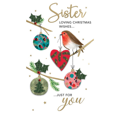 Sister Christmas Card Hand-Finished Embellished  Robin With Baubles Design