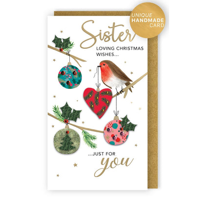 Sister Christmas Card Hand-Finished Embellished  Robin With Baubles Design