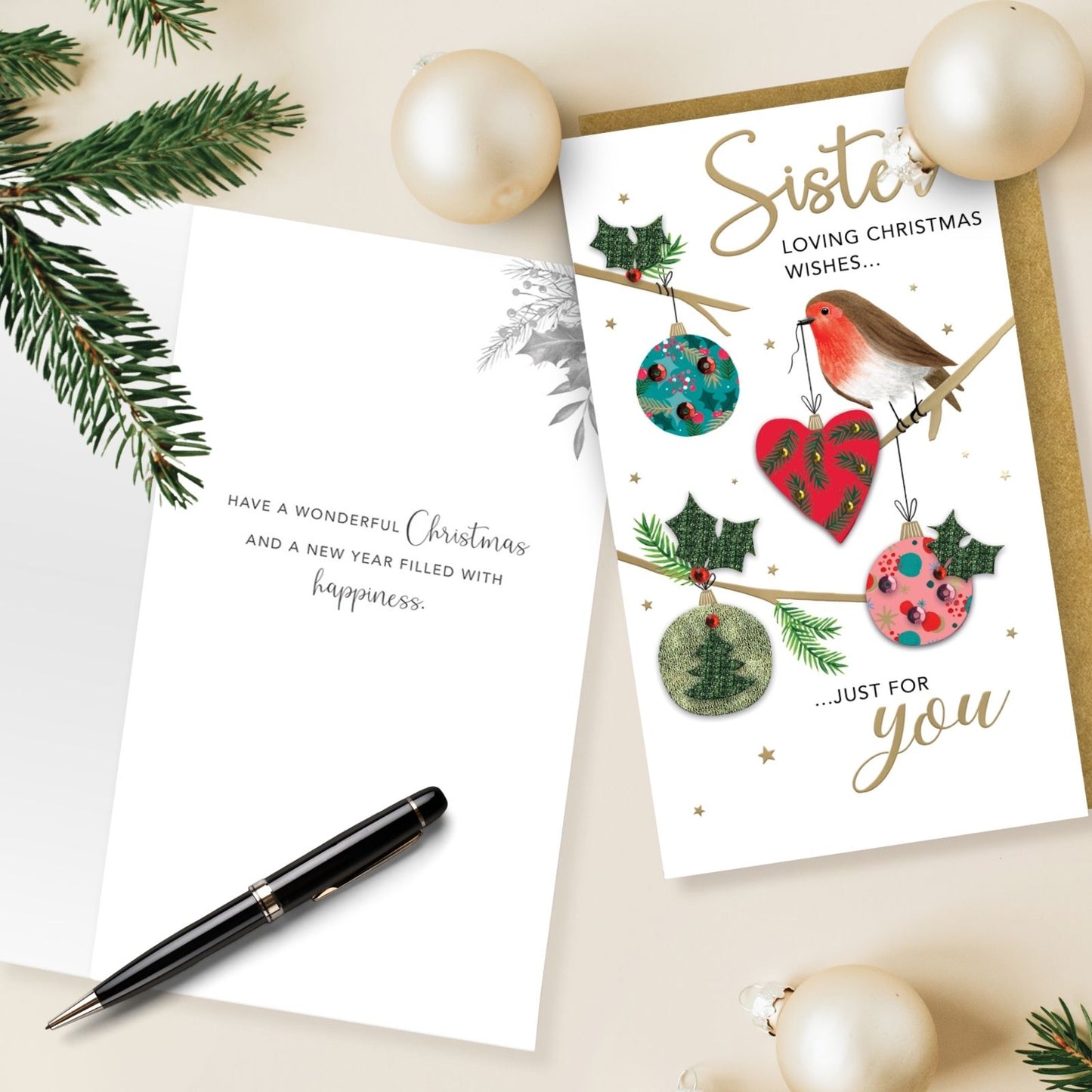 Sister Christmas Card Hand-Finished Embellished  Robin With Baubles Design