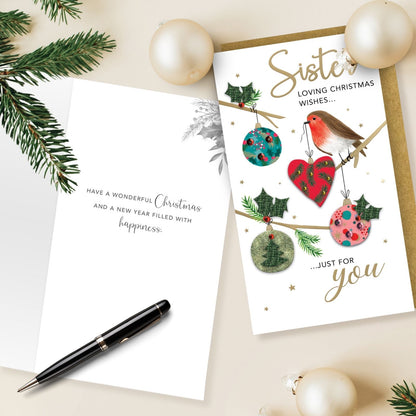 Sister Christmas Card Hand-Finished Embellished  Robin With Baubles Design
