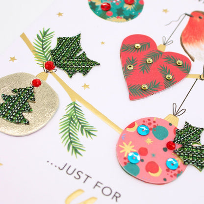 Sister Christmas Card Hand-Finished Embellished  Robin With Baubles Design