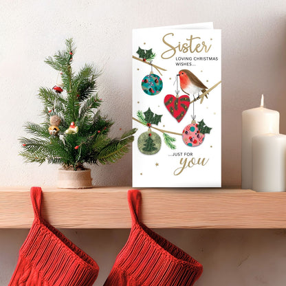 Sister Christmas Card Hand-Finished Embellished  Robin With Baubles Design
