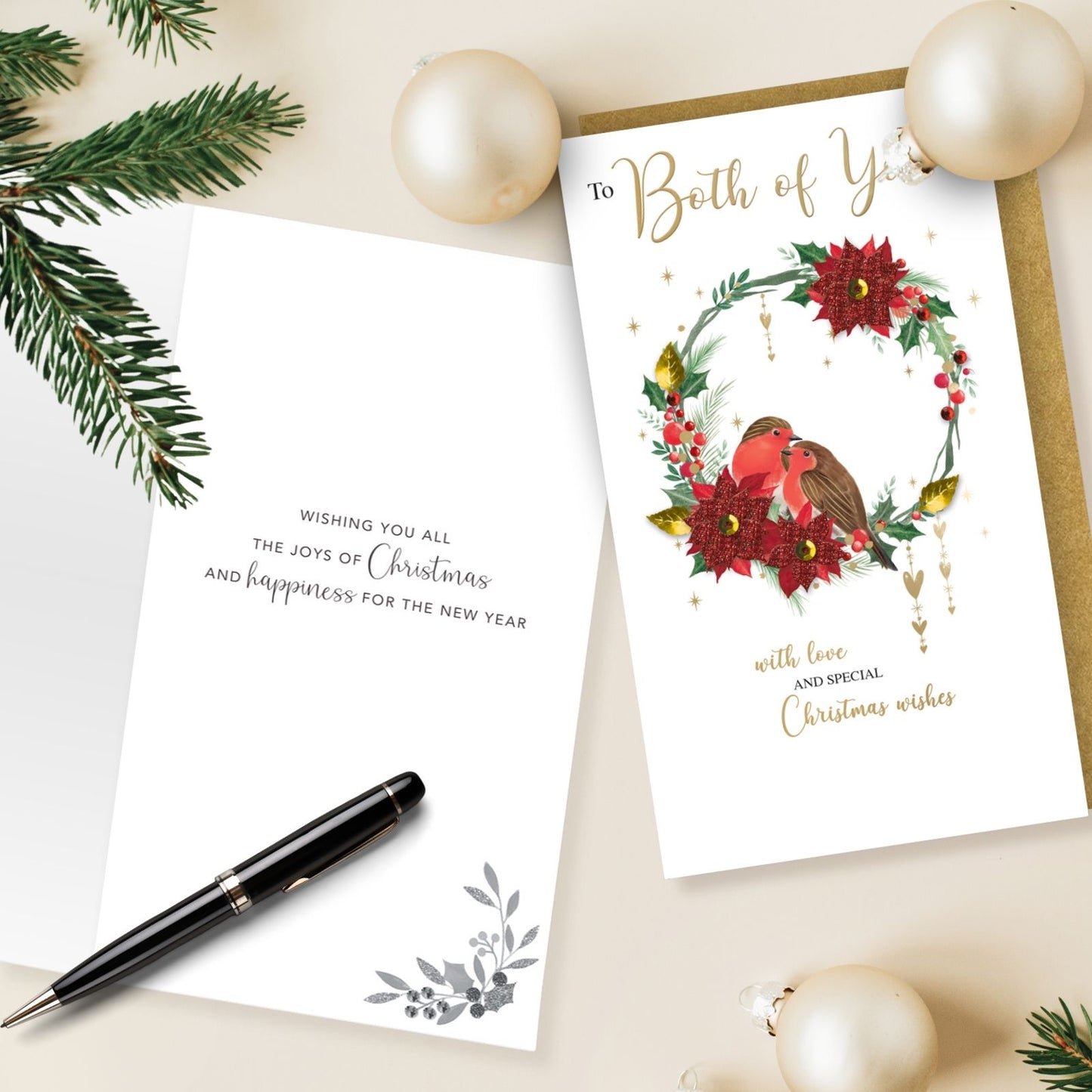 To Both Of You Christmas Card Hand-Finished Embellished Pair Of Robins Design