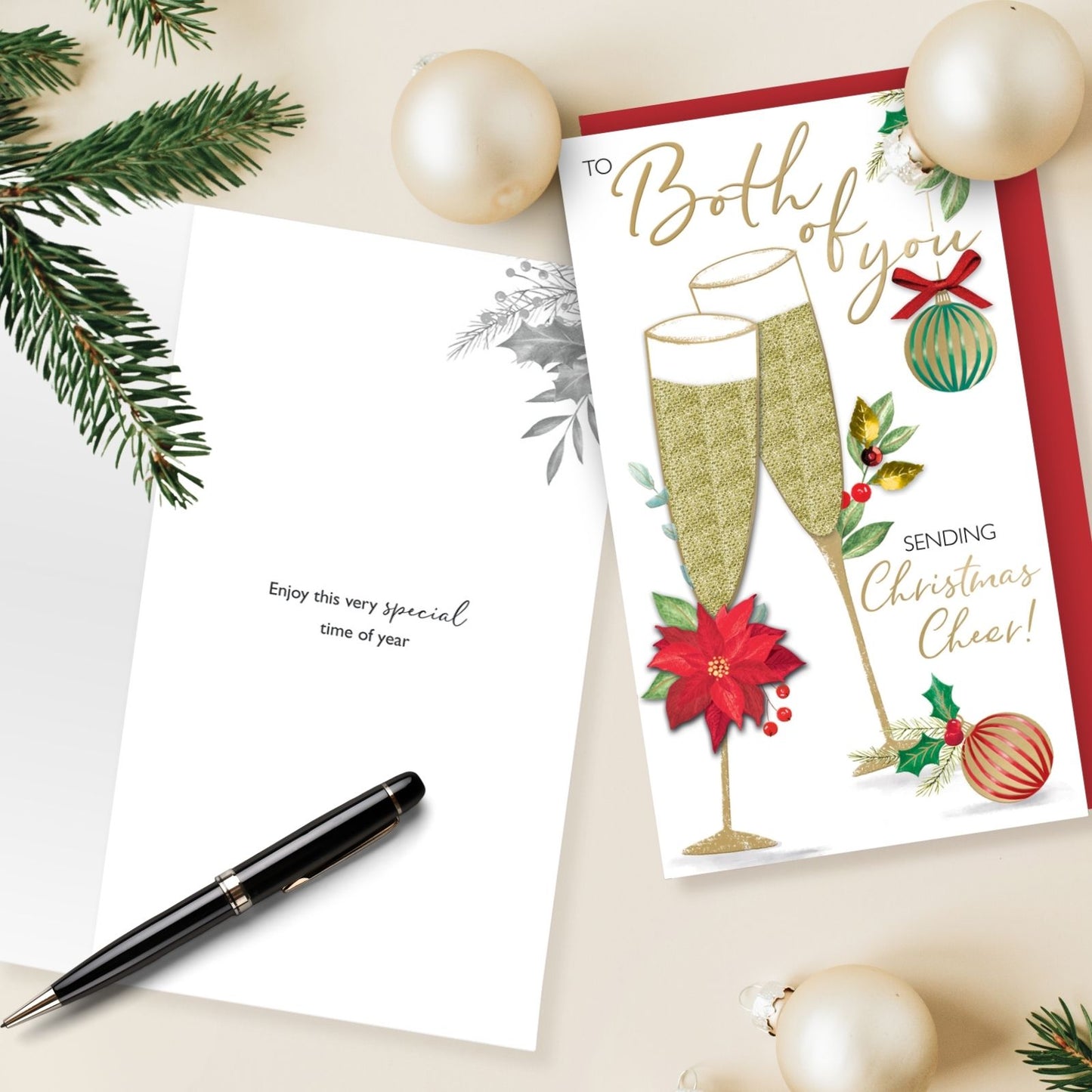 To Both Of You Christmas Card Hand-Finished Embellished Champagne Flutes Design