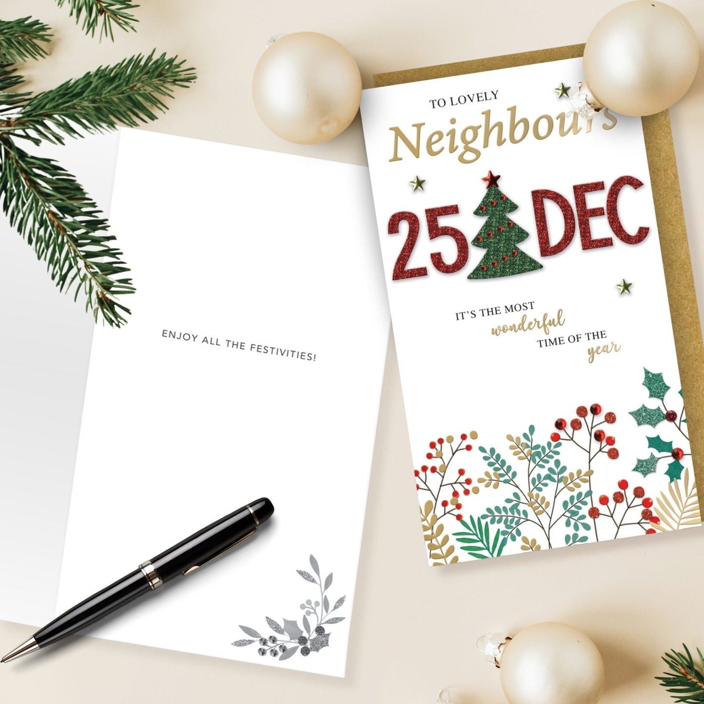 To Lovely Neighbours Christmas Card Hand-Finished Embellished 25 December Design