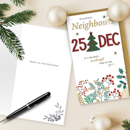 To Lovely Neighbours Christmas Card Hand-Finished Embellished 25 December Design