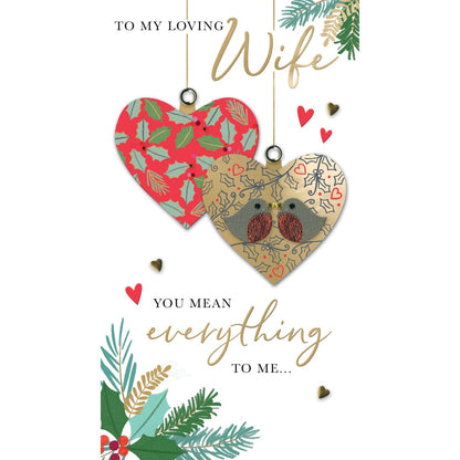 Loving Wife Christmas Card Hand-Finished Embellished Love Heart Baubles Design