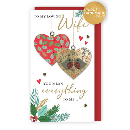 Loving Wife Christmas Card Hand-Finished Embellished Love Heart Baubles Design