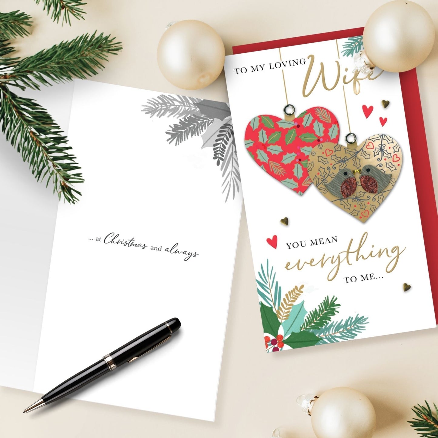 Loving Wife Christmas Card Hand-Finished Embellished Love Heart Baubles Design