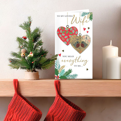 Loving Wife Christmas Card Hand-Finished Embellished Love Heart Baubles Design