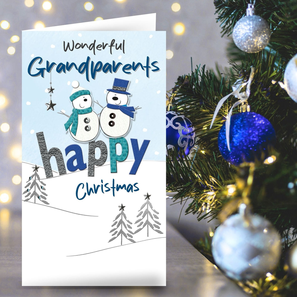 Grandparents Christmas Card Champagne Hand-Finished Embellished Snowmen Design