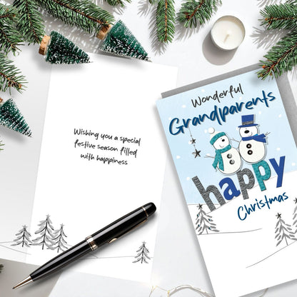 Grandparents Christmas Card Champagne Hand-Finished Embellished Snowmen Design