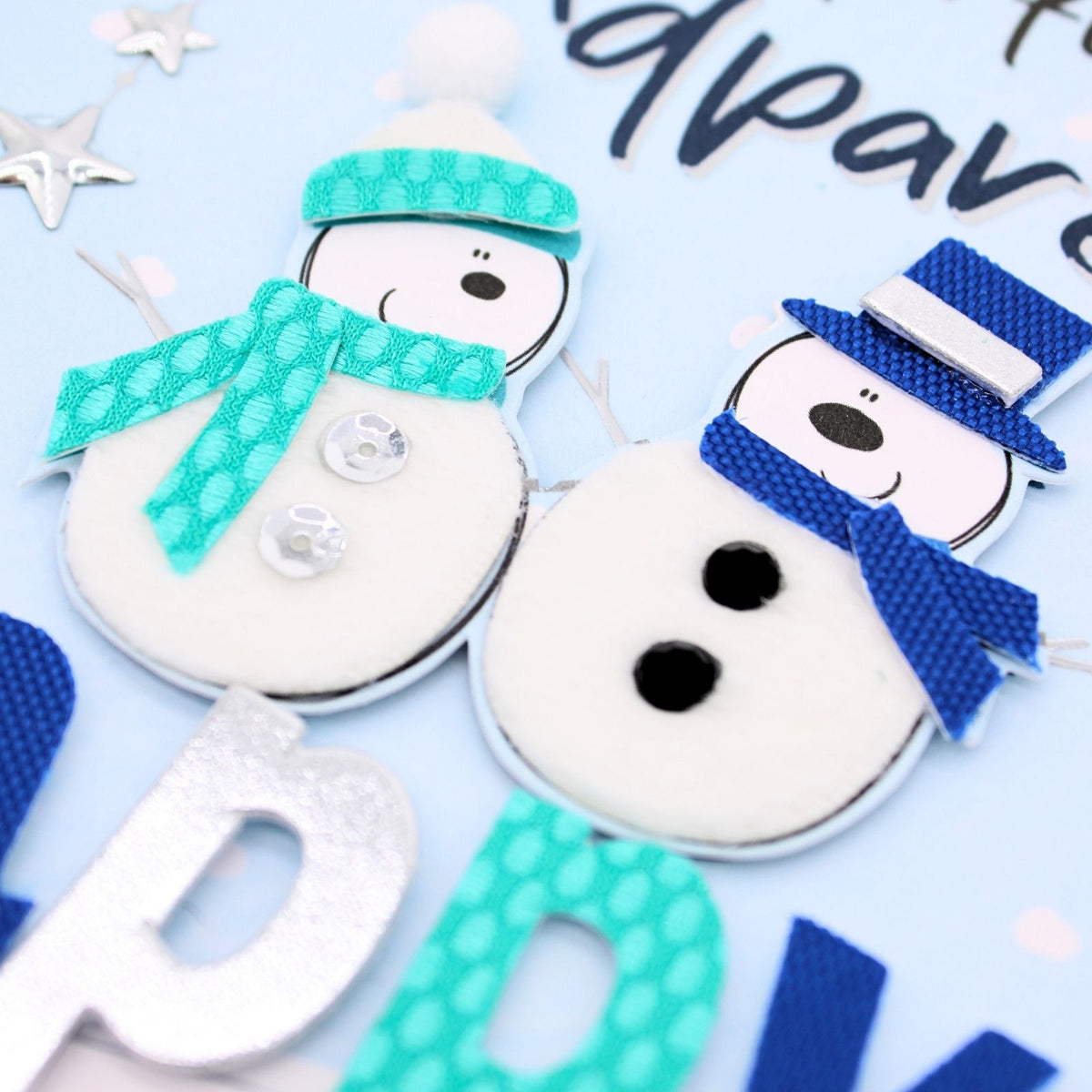 Grandparents Christmas Card Champagne Hand-Finished Embellished Snowmen Design