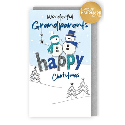 Grandparents Christmas Card Champagne Hand-Finished Embellished Snowmen Design