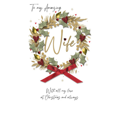 Wife Christmas Card Champagne Hand-Finished Embellished Gold Wreath Design