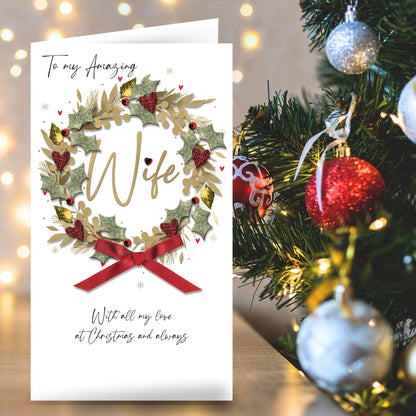 Wife Christmas Card Champagne Hand-Finished Embellished Gold Wreath Design