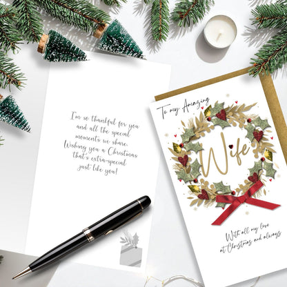 Wife Christmas Card Champagne Hand-Finished Embellished Gold Wreath Design