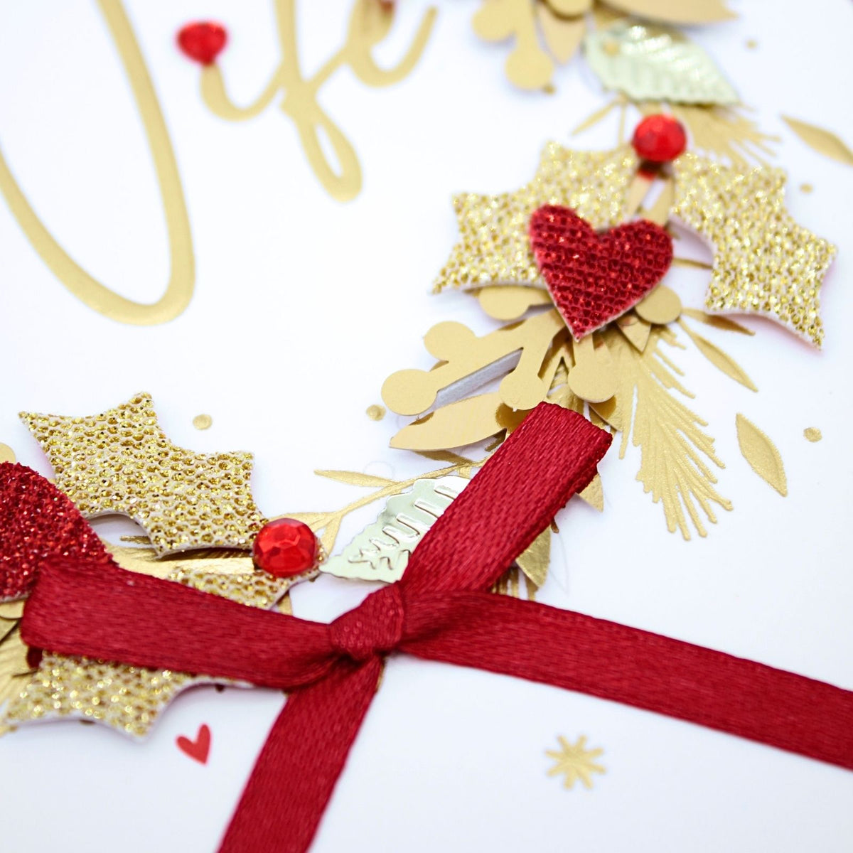 Wife Christmas Card Champagne Hand-Finished Embellished Gold Wreath Design