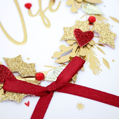 Wife Christmas Card Champagne Hand-Finished Embellished Gold Wreath Design