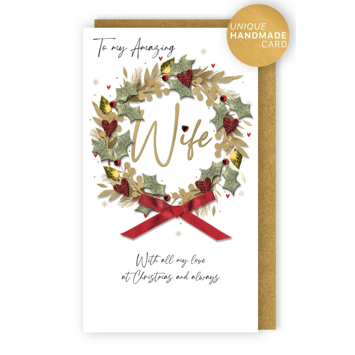 Wife Christmas Card Champagne Hand-Finished Embellished Gold Wreath Design