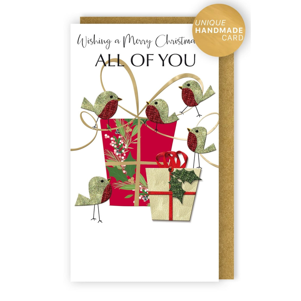 All Of You Christmas Card Champagne Hand-Finished Embellished Robins Design