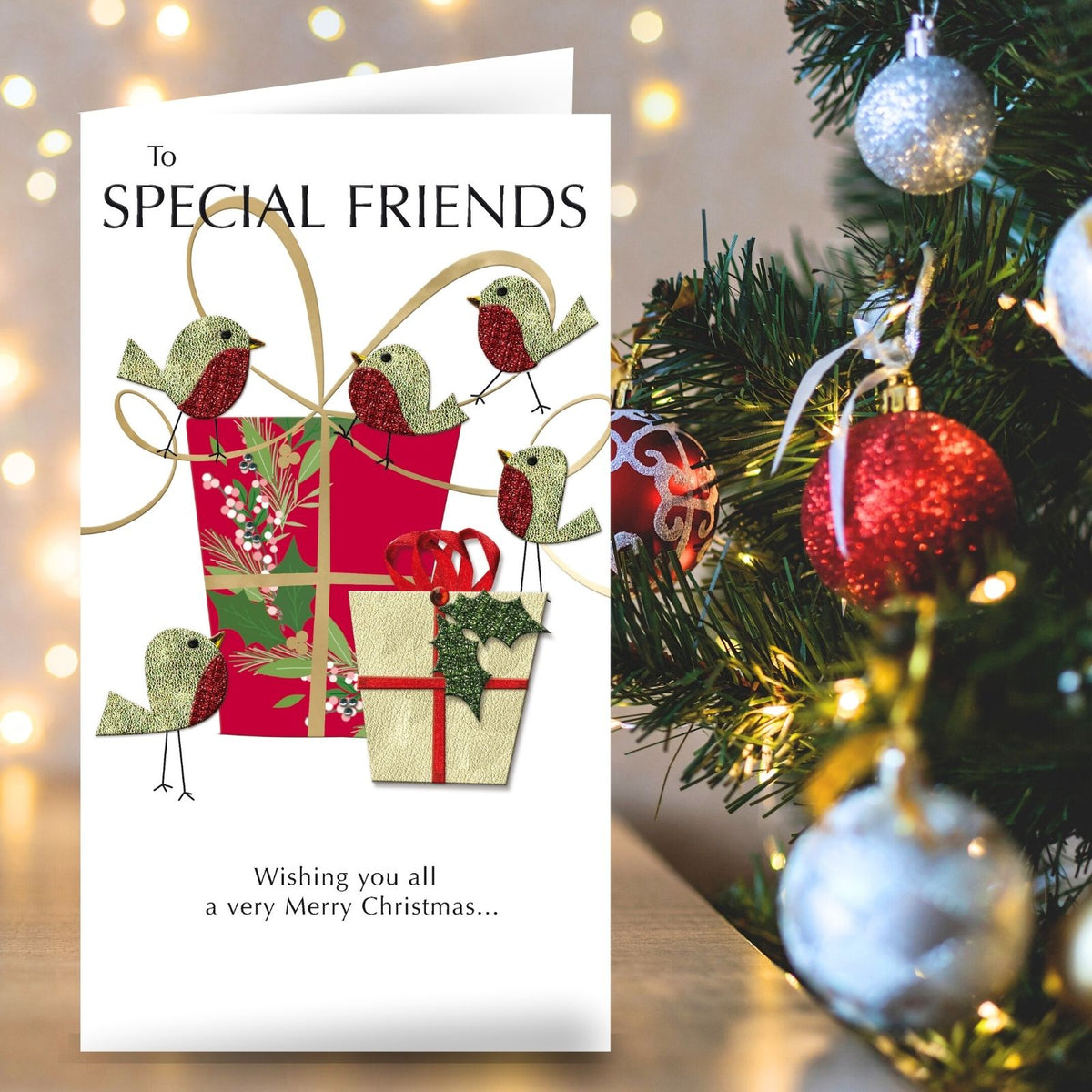 Special Friends Christmas Card Champagne Hand-Finished Embellished Robins Design
