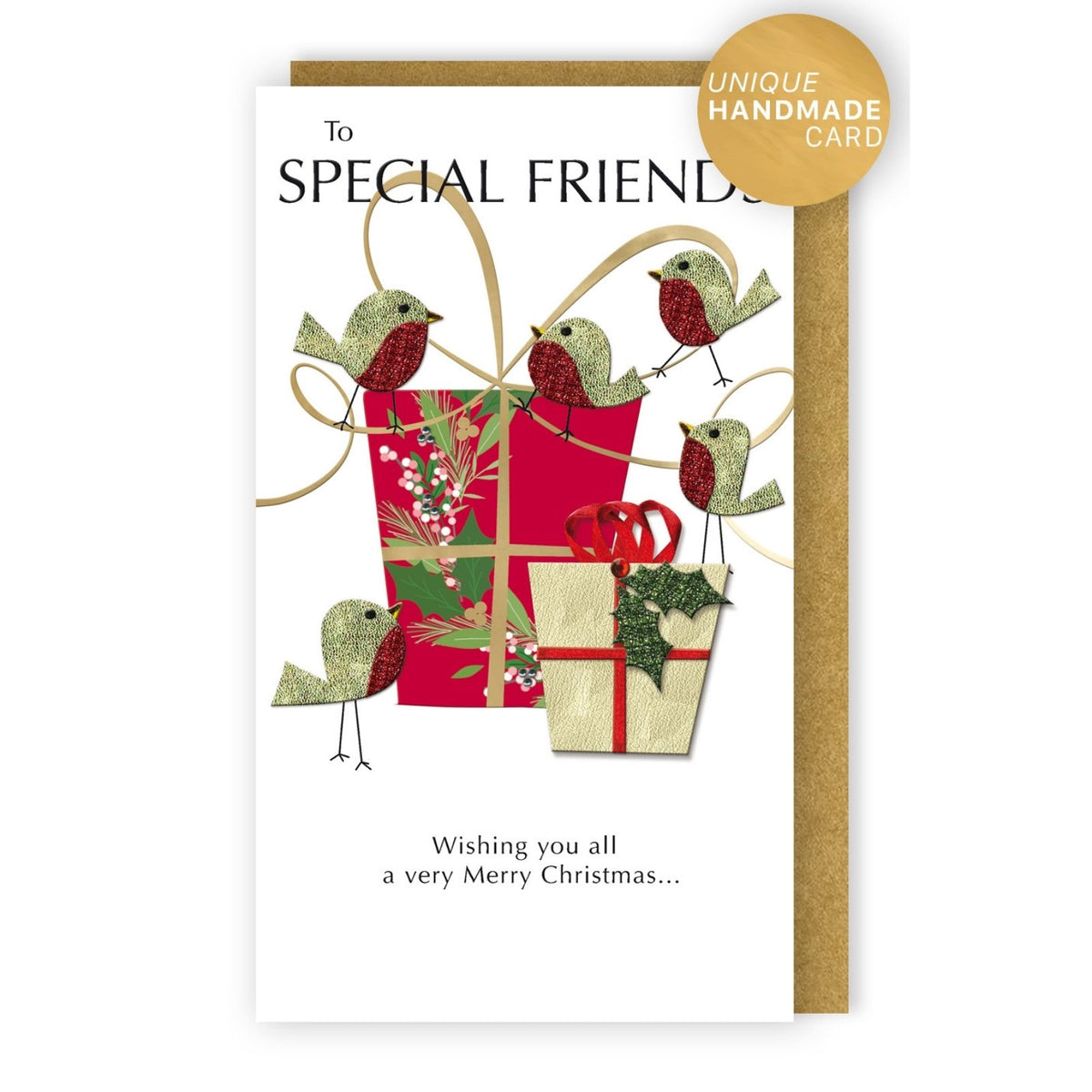 Special Friends Christmas Card Champagne Hand-Finished Embellished Robins Design