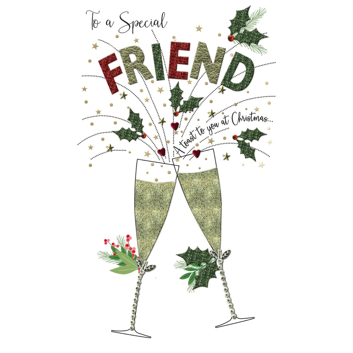 Special Friend Christmas Card Champagne Hand-Finished Embellished Flutes Design