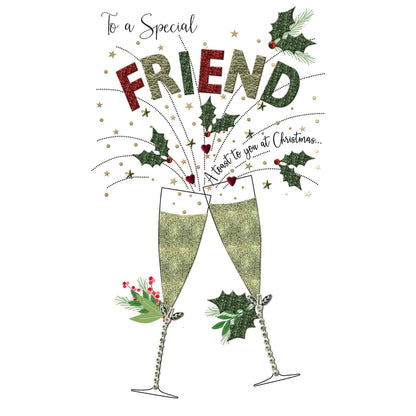 Special Friend Christmas Card Champagne Hand-Finished Embellished Flutes Design