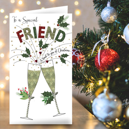 Special Friend Christmas Card Champagne Hand-Finished Embellished Flutes Design