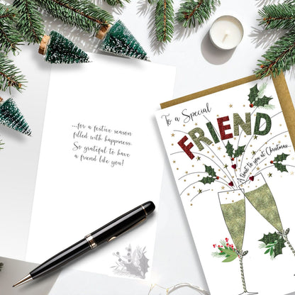 Special Friend Christmas Card Champagne Hand-Finished Embellished Flutes Design