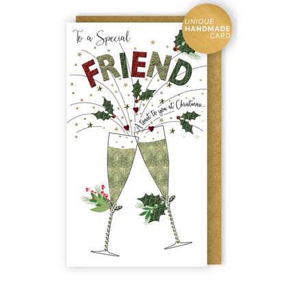 Special Friend Christmas Card Champagne Hand-Finished Embellished Flutes Design