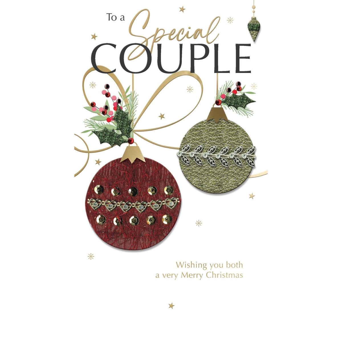 Special Couple Christmas Card Champagne Hand-Finished Embellished Baubles Design