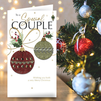 Special Couple Christmas Card Champagne Hand-Finished Embellished Baubles Design