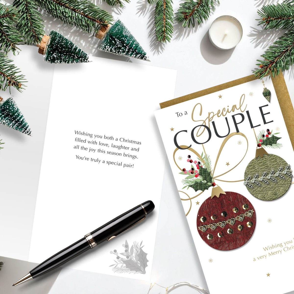 Special Couple Christmas Card Champagne Hand-Finished Embellished Baubles Design
