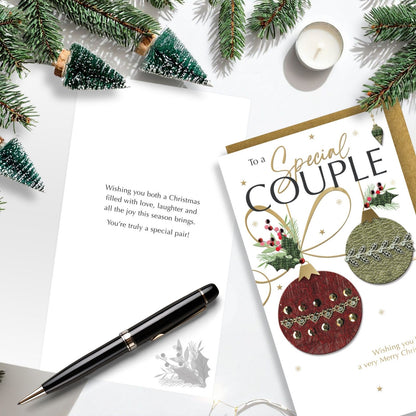 Special Couple Christmas Card Champagne Hand-Finished Embellished Baubles Design