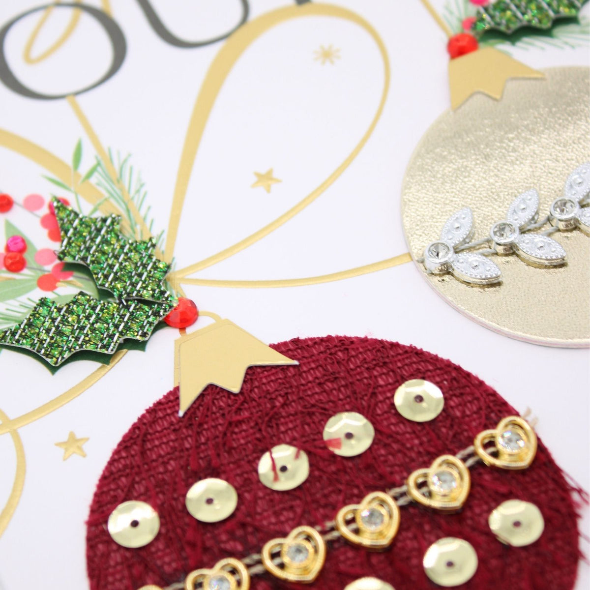 Special Couple Christmas Card Champagne Hand-Finished Embellished Baubles Design