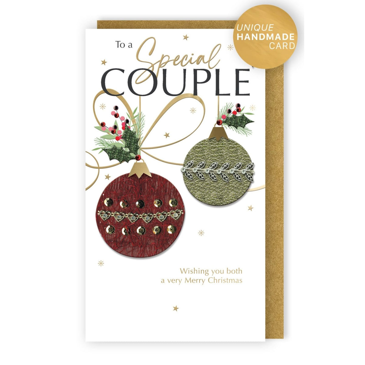 Special Couple Christmas Card Champagne Hand-Finished Embellished Baubles Design