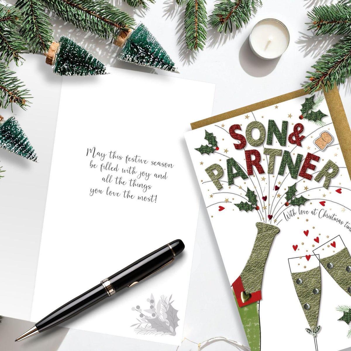 Son & His Partner Christmas Card Champagne Hand-Finished Embellished Design