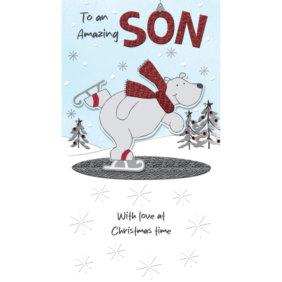 Son Christmas Card Champagne Hand-Finished Embellished Polar Bear Skating Design