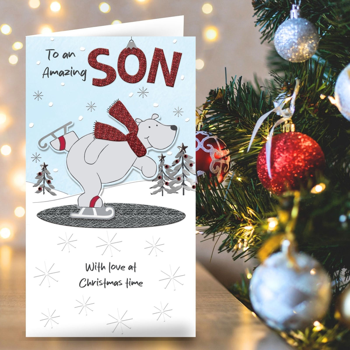 Son Christmas Card Champagne Hand-Finished Embellished Polar Bear Skating Design