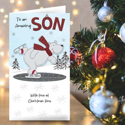 Son Christmas Card Champagne Hand-Finished Embellished Polar Bear Skating Design