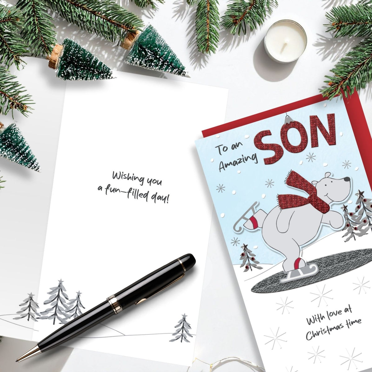 Son Christmas Card Champagne Hand-Finished Embellished Polar Bear Skating Design