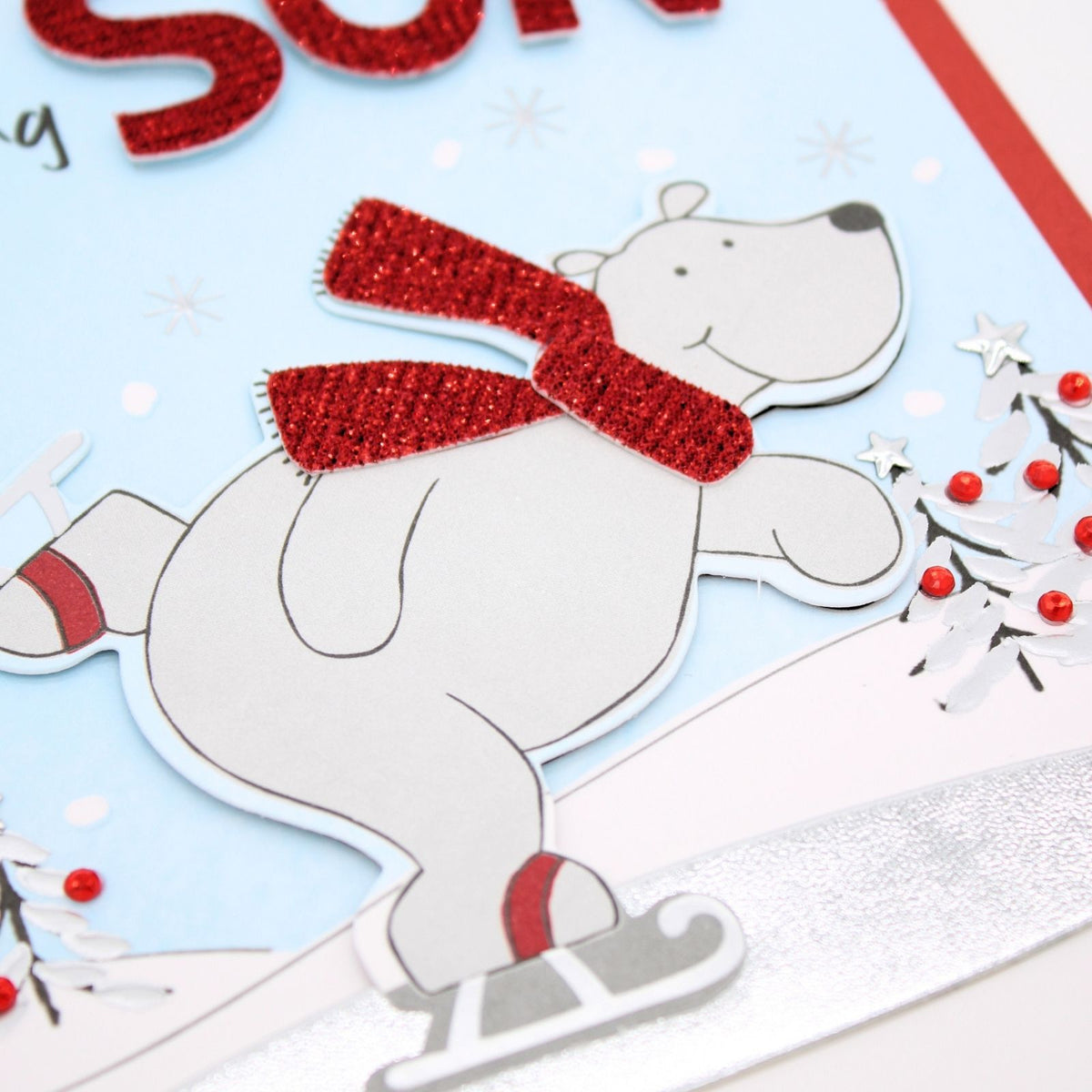 Son Christmas Card Champagne Hand-Finished Embellished Polar Bear Skating Design
