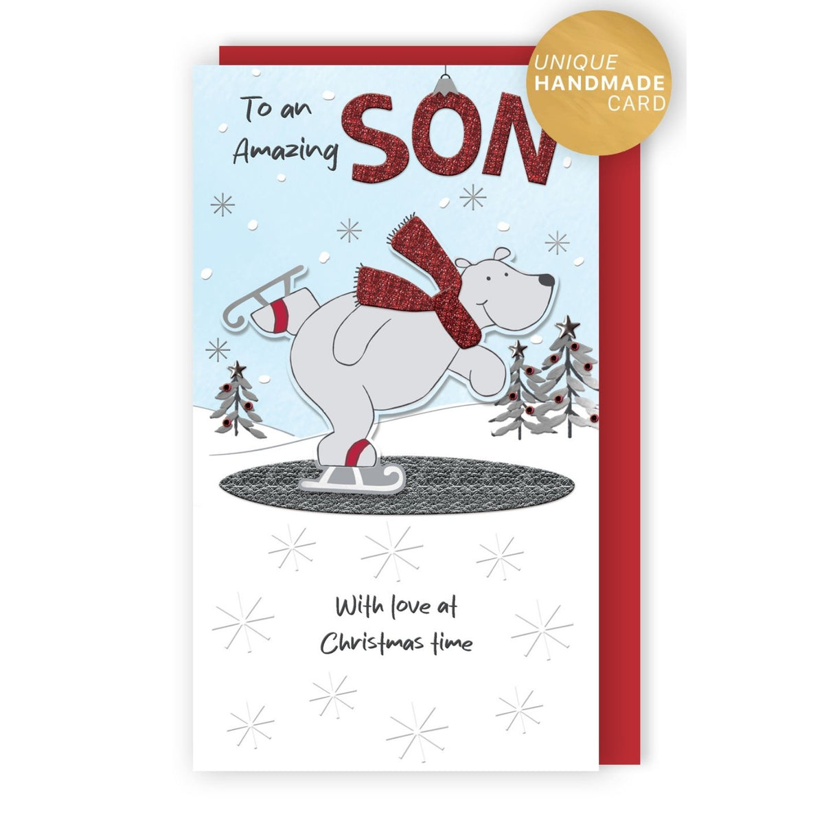 Son Christmas Card Champagne Hand-Finished Embellished Polar Bear Skating Design