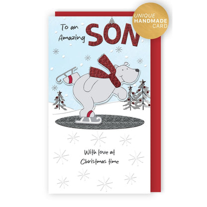 Son Christmas Card Champagne Hand-Finished Embellished Polar Bear Skating Design