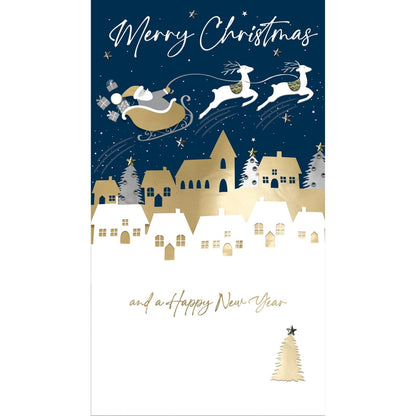 Merry Christmas Card Champagne Hand-Finished Embellished Santa Flying Design