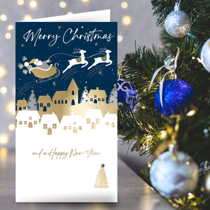 Merry Christmas Card Champagne Hand-Finished Embellished Santa Flying Design