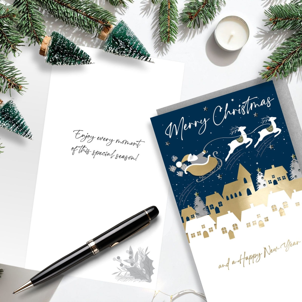 Merry Christmas Card Champagne Hand-Finished Embellished Santa Flying Design
