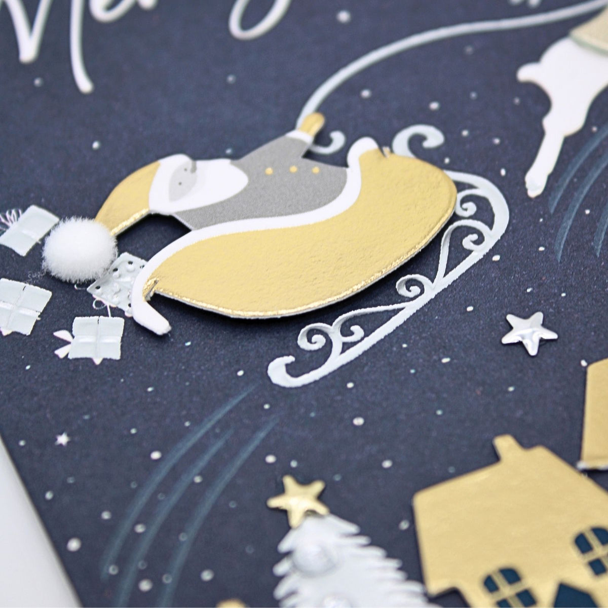 Merry Christmas Card Champagne Hand-Finished Embellished Santa Flying Design